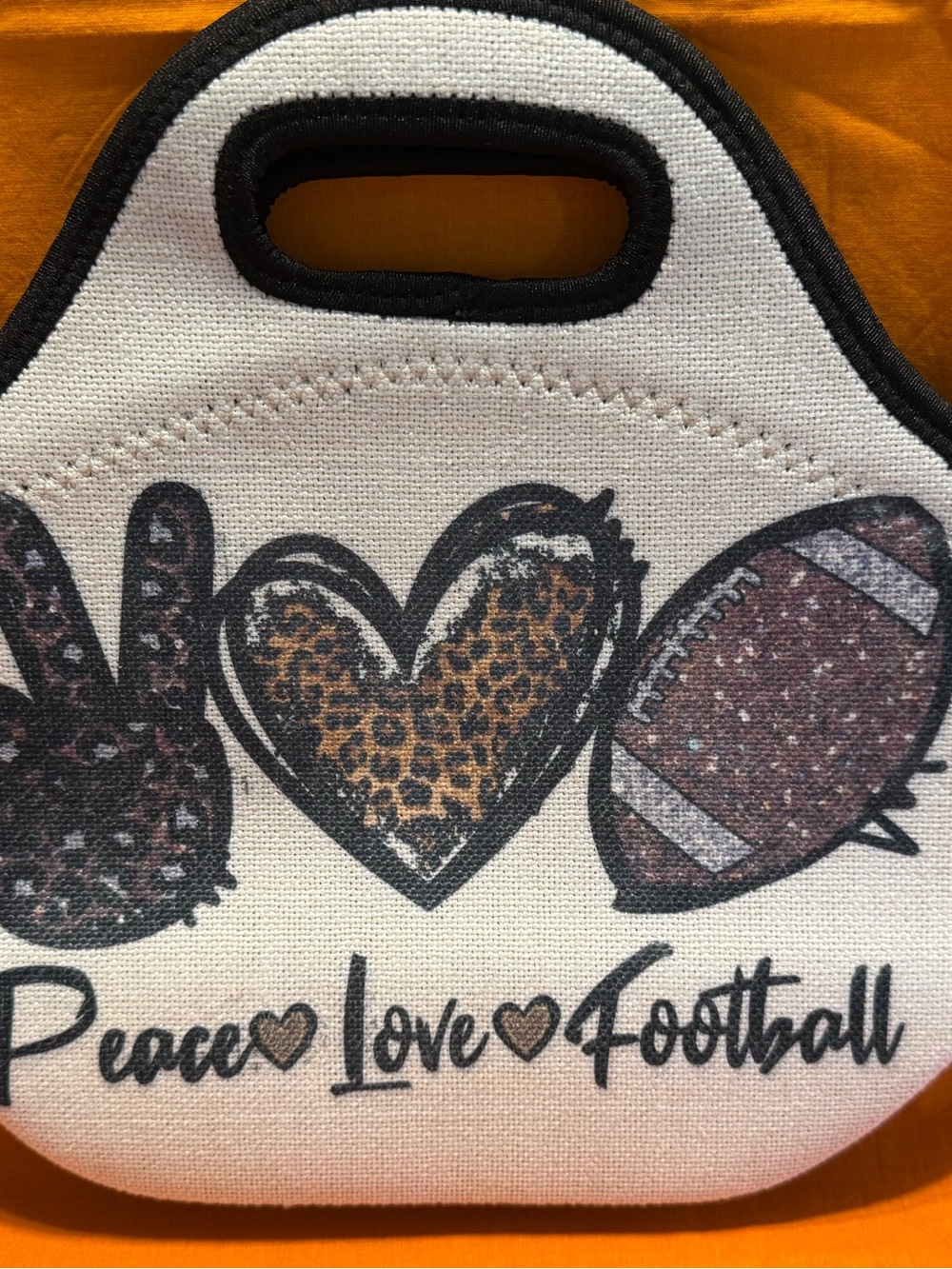 Peace Love Football Neoprene Lunch Tote in White & Black with Leopard accent